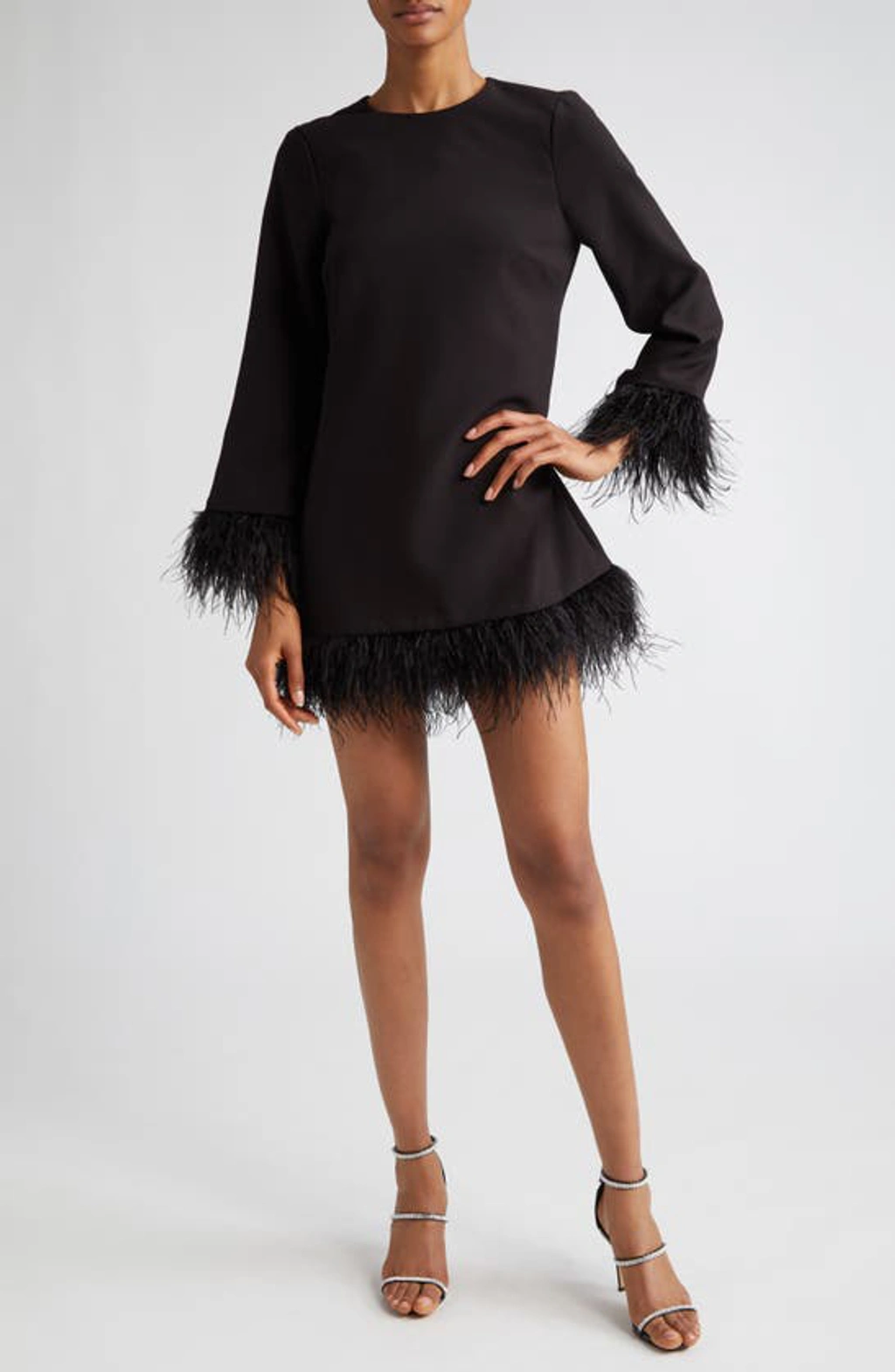 Likely Marullo Feather Trim Long Sleeve Dress In Black | ModeSens