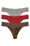 Natori Bliss Perfection Lace Trim Thong In Grey/ Red/ Brown