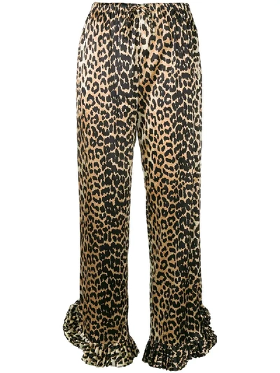 Ganni Ruffled Hem Leopard Print Trousers In Brown