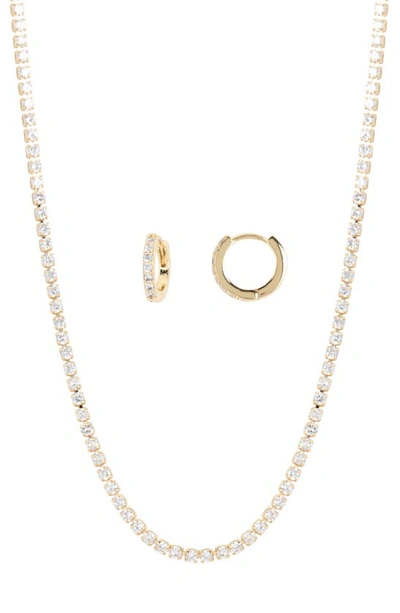 Nordstrom Rack Pavé Cubic Zirconia Huggie Earrings & Tennis Necklace Set In Clear- Gold