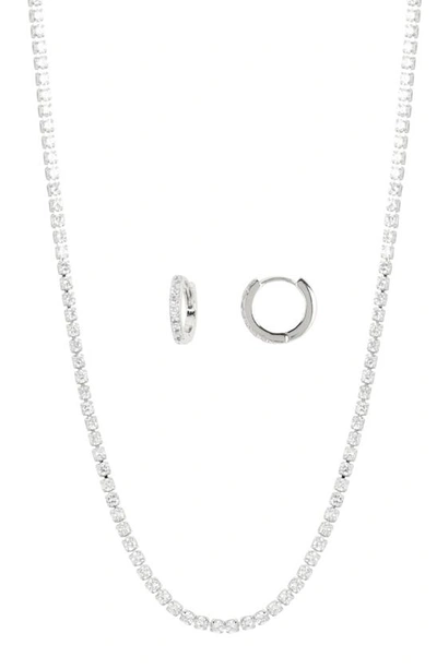Nordstrom Rack Pavé Cubic Zirconia Huggie Earrings & Tennis Necklace Set In Clear- Silver