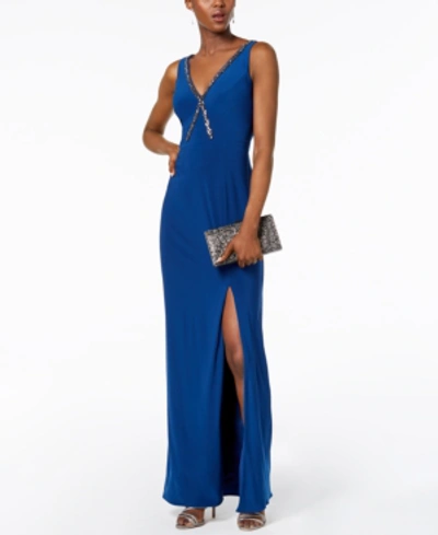 Adrianna Papell Beaded V-neck Gown In Night Blue