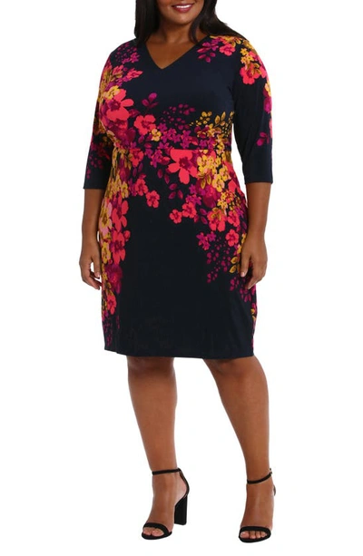 London Times Floral Sheath Dress In Navy/ Coral