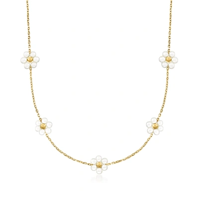 Rs Pure Ross-simons 3-3.5mm Cultured Pearl Flower Station Necklace In 14kt Yellow Gold In Multi
