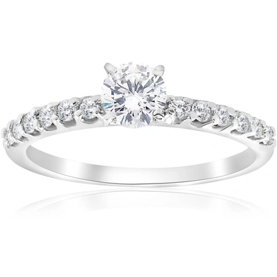Pompeii3 0.80ct Round Cut Diamond Halo Engagement Ring 14k White Gold Enhanced