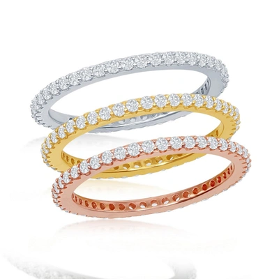 Simona Sterling Silver Tri-color Prong Clear Cz 1.5mm Eternity Triple Band Ring In Multi