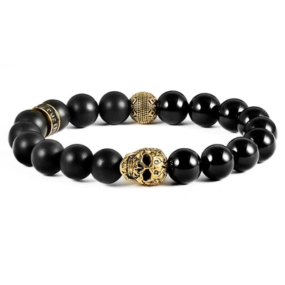Crucible Jewelry Crucible Los Angeles Single Skull Stretch Bracelet With 10mm Matte And Polished Black Onyx Beads In Gold