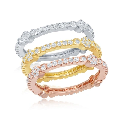 Simona Sterling Silver Tri-color Cz Designed Eternity Triple Band Ring In Multi