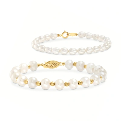 Ross-simons Mom & Me 4-7mm Cultured Pearl Bracelet Set Of 2 In 14kt Yellow Gold In Multi