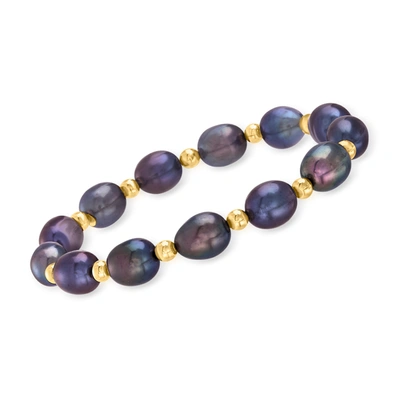 Ross-simons 8-9mm Black Cultured Pearl And 14kt Yellow Gold Bead Stretch Bracelet In Multi