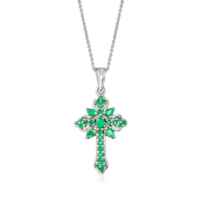 Ross-simons Emerald Cross Pendant Necklace In Sterling Silver In Multi