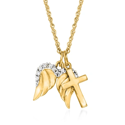 Ross-simons 14kt Yellow Gold Cross And Angel Wings Pendant Necklace With Diamond Accents In Multi