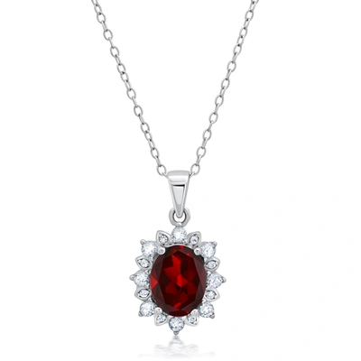 Max + Stone Sterling Silver Gemstone Oval Pendant Necklace With White Topaz Sunburst Halo 9mm X 7mm With 18 Inch In Multi