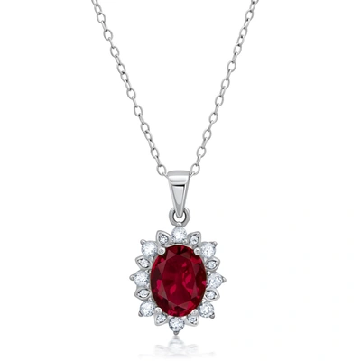 Max + Stone Sterling Silver Gemstone Oval Pendant Necklace With White Topaz Sunburst Halo 9mm X 7mm With 18 Inch In Pink