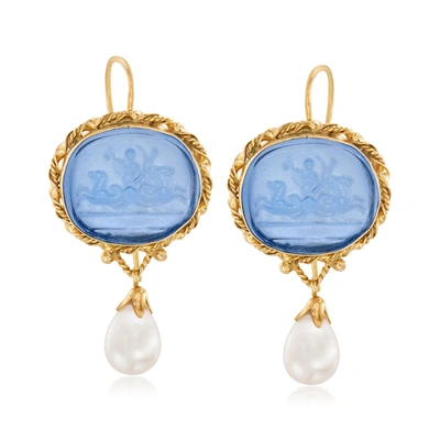 Ross-simons Italian Cultured Pearl And Blue Venetian Glass Intaglio Drop Earrings In 18kt Gold Over Sterling In White