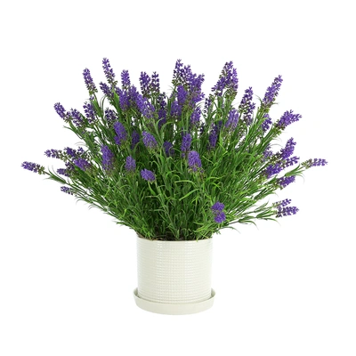 Creative Displays Lavender Floral Arrangement In A Ceramic Pot With A Saucer