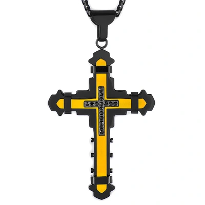 Crucible Jewelry Crucible Los Angeles Black Plated Stainless Steel Cubic Zirconia Cross Necklace In Yellow