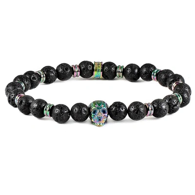 Crucible Jewelry Crucible Los Angeles Polished Stainless Steel Skull And Black Lava Strech Bracelet In Green