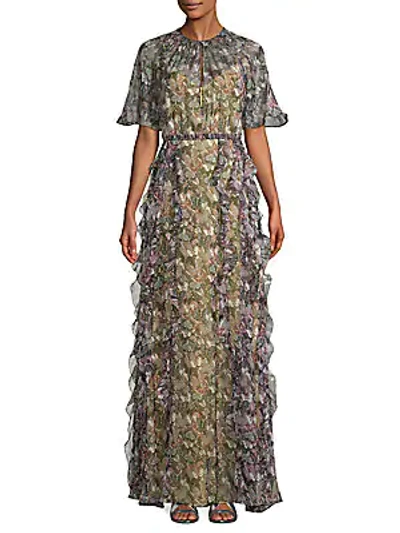 Valentino Short-sleeve Graphic Silk Maxi Dress In Multi