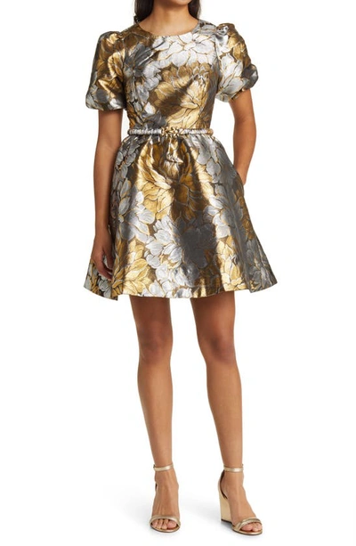 Lilly Pulitzer Priyanka Short Sleeve Floral Jacquard Dress In Gold Metallic Peony Parade Brocade