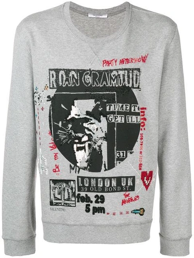 Valentino Concert-print Crew-neck Sweatshirt With Embroidered Detailing In Grey