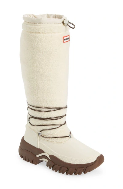 Hunter Wanderer Faux Shearling Waterproof Tall Boot In White Willow/ Brown Bolt