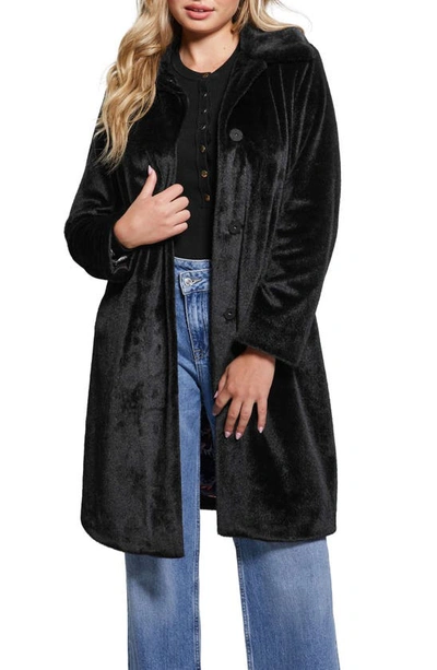 Guess Simonne Longline Faux Fur Coat In Black