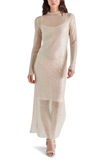 Steve Madden Blakely Sequin Long Sleeve Funnel Neck Dress In Beige