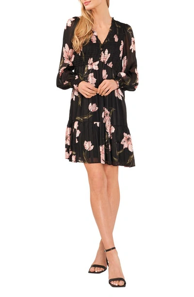 Cece Yoryu Metallic Stripe Floral Long Sleeve Dress In Rich Black