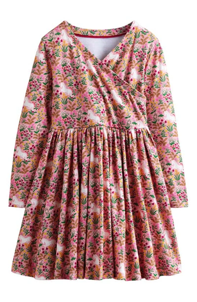 Mini Boden Kids' Floral Long Sleeve Surplice Neck Cotton Dress In Almond Pink Unicorn Meadow