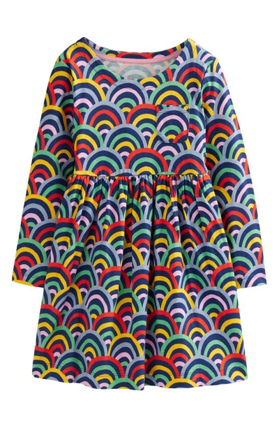 Mini Boden Kids' Rainbow Print Long Sleeve Cotton Jersey Dress In Medieval Blue Rainbow