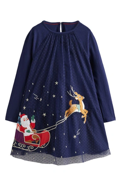 Mini Boden Kids' Santa Appliqué Long Sleeve Shift Dress In College Navy Sleigh