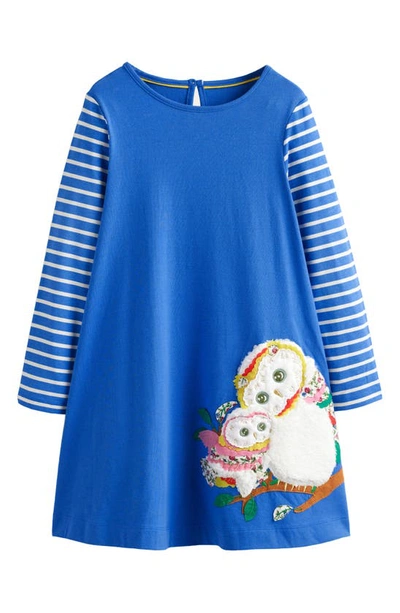 Mini Boden Kids' Owl Appliqué Long Sleeve Cotton Dress In Delft Blue Owls