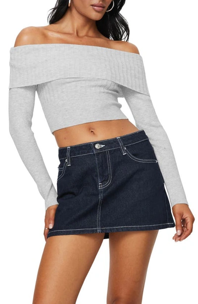 Princess Polly Tagula Off The Shoulder Mixed Rib Crop Sweater In Grey