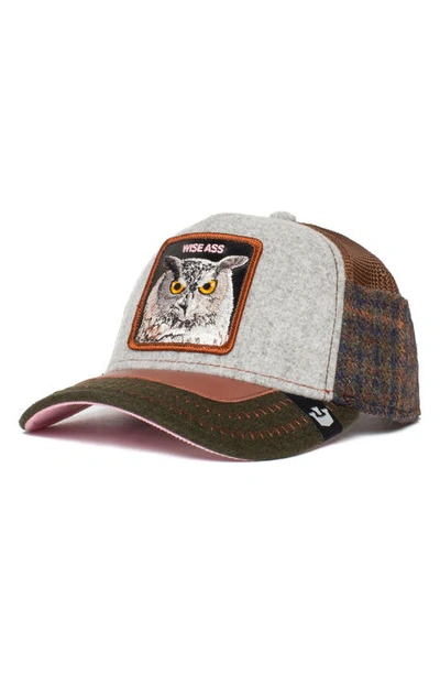 Goorin Bros Cum Laude Owl Patch Felt Trucker Hat In Grey