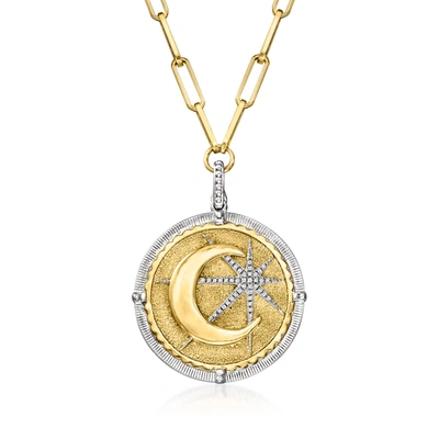 Ross-simons Diamond Moon And Star Pendant Necklace In 2-tone Sterling Silver In Multi
