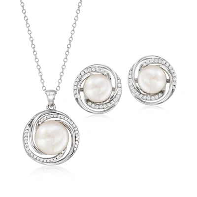 Ross-simons 9-10mm Cultured Pearl And . Cz Jewelry Set: Earrings And Pendant Necklace In Sterling Silver In Multi