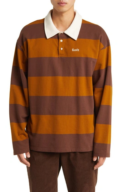 Forét Match Stripe Long Sleeve Organic Cotton Polo Sweatshirt In Brown