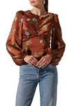 Astr Twist Front Keyhole Balloon Sleeve Satin Top In Brown Blue Floral