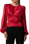 Astr Twist Front Keyhole Balloon Sleeve Satin Top In Red