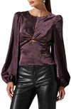 Astr Twist Front Keyhole Balloon Sleeve Satin Top In Plum Rust Floral