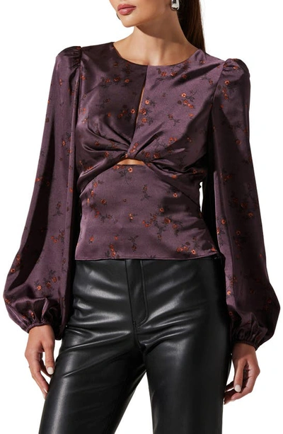 Astr Twist Front Keyhole Balloon Sleeve Satin Top In Plum Rust Floral