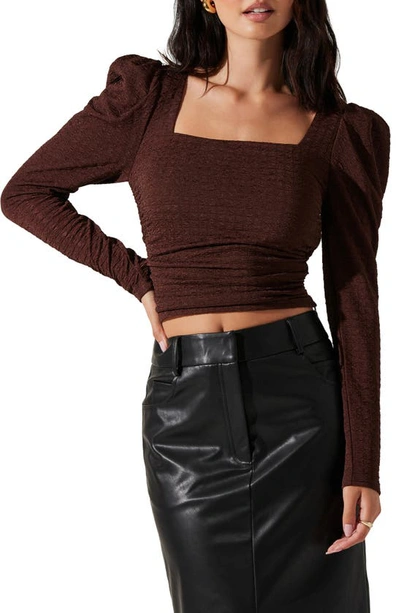 Astr Puff Shoulder Textured Knit Crop Top In Brown