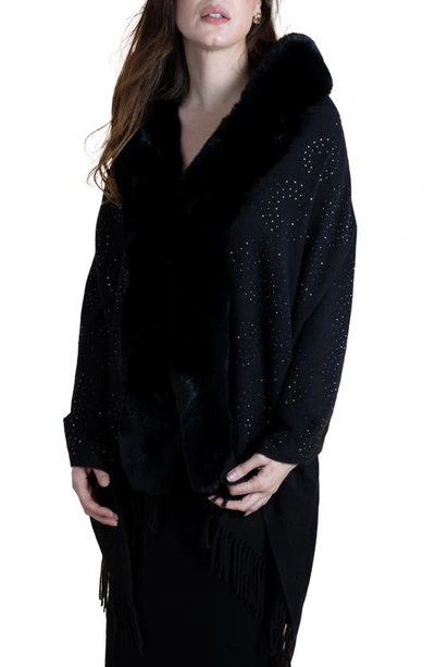 Saachi Rhinestone Ruana With Faux Fur Trim In Black