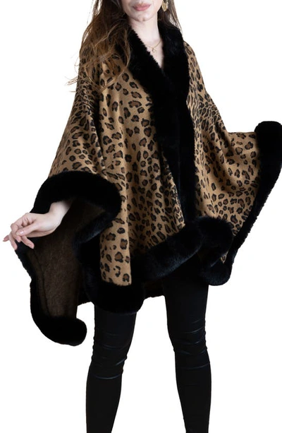 Saachi Cheetah Print Ruana With Faux Fur Trim In Black