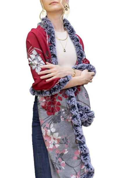 Saachi Floral Reversible Scarf With Faux Fur Trim In Maroon
