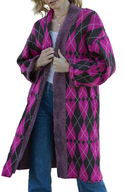 Saachi Argyle Heart Print Cardigan In Pink