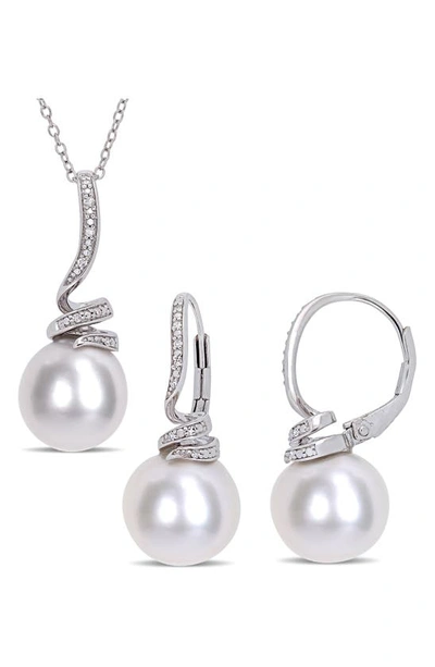 Delmar Cultured Freshwater Pearl & Diamond Necklace & Drop Earrings Set In White