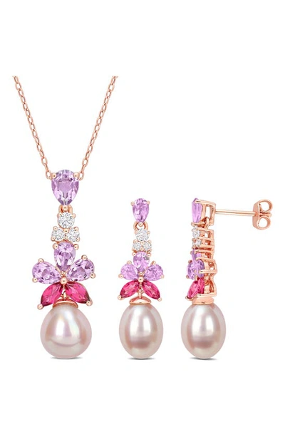 Delmar Cultured Freshwater Pearl & Pink Stone Necklace & Drop Earrings Set In Multicolor