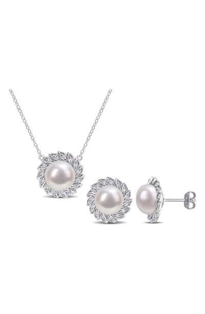 Delmar Cultured Freshwater Pearl & Lab Created White Sapphire Necklace & Stud Earrings Set
